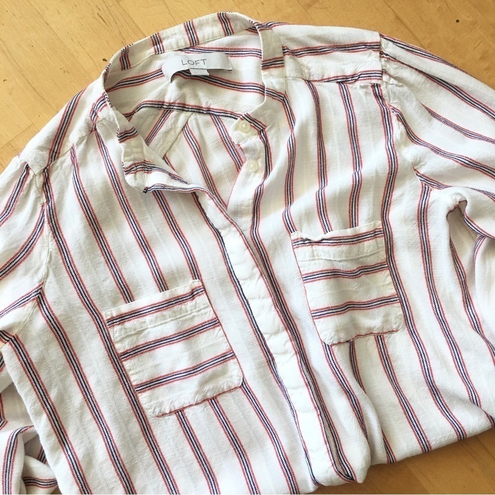 LOFT Striped Long Sleeve Casual Blouse Cream Ivory Ecru Red Navy Size XS - Picture 3 of 13